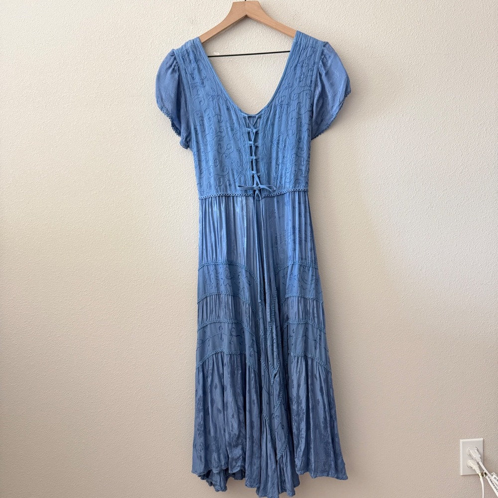 JUST CRUISING Women Midi Dress Boho Cottagecore Peasant Renaissance Embroidered
